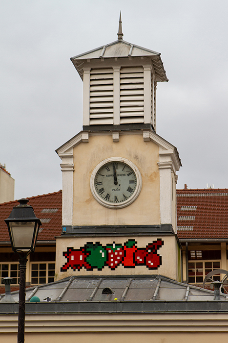 Space Invader mosaic at d'Aligre Market in Paris' 12th Arrondissement